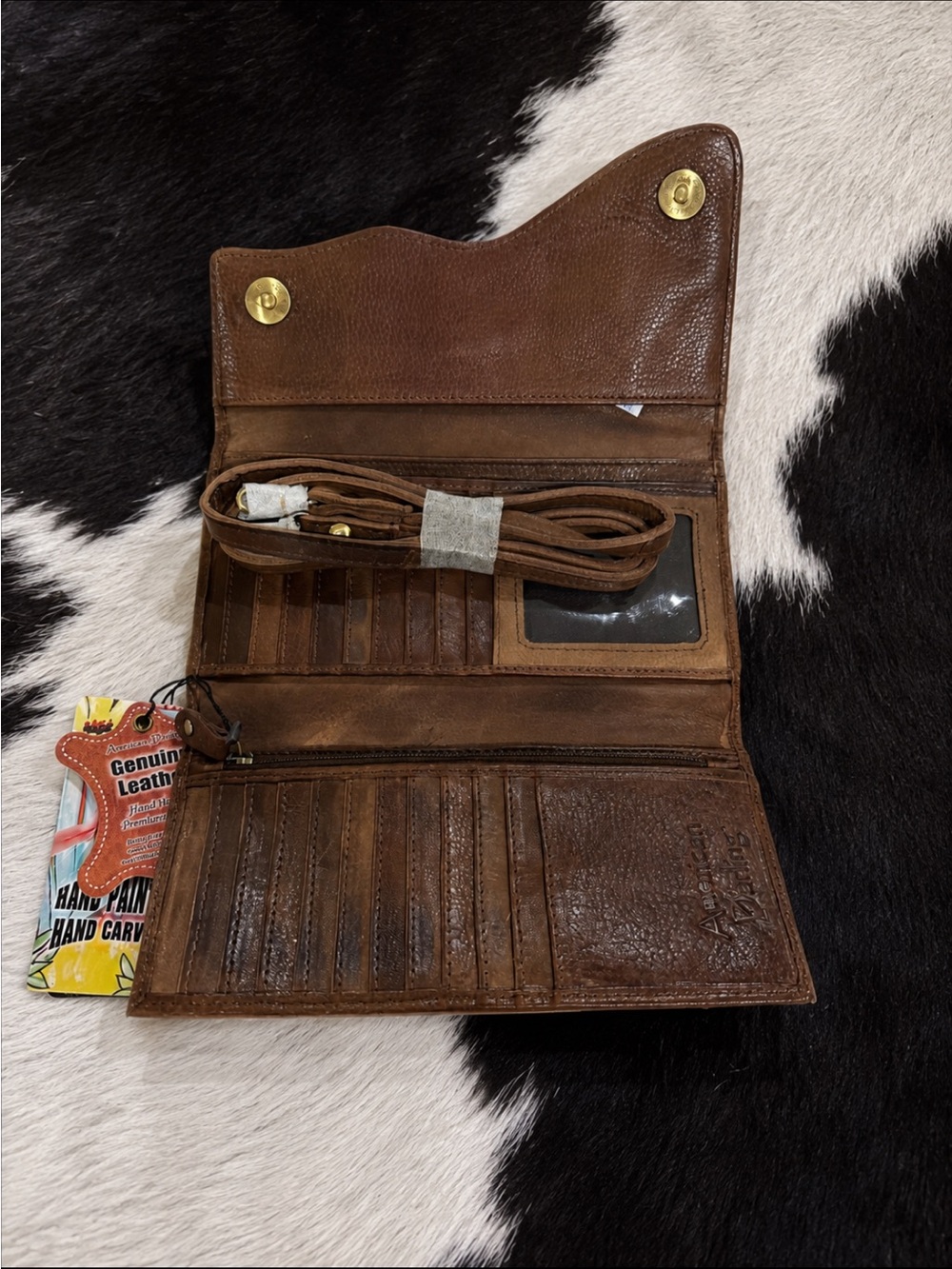 Hand-Painted Leather Rodeo Clutch with Feather Motif - Blue & Brown - Picture 2 of 3